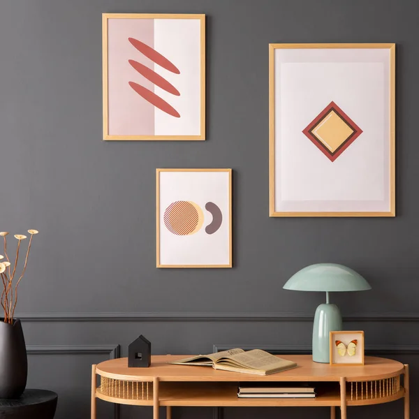 Minimalist Composition Living Room Interior Mock Poster Frame Wooden Desk — стоковое фото