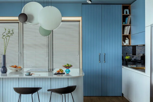 Creative Composition Kitchen Interior Marble Kitchen Island Blue Kitchen Furnitures — Stock Photo, Image