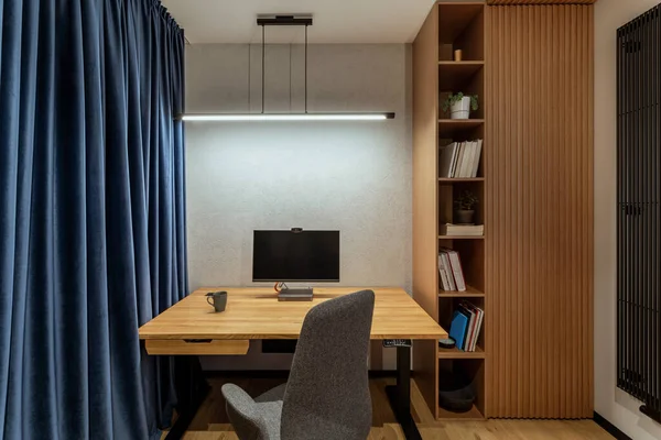 Interior Design Office Space Wooden Desk Stylish Gray Armchair Navy — Fotografia de Stock