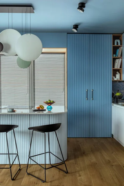 Creative Composition Kitchen Interior Marble Kitchen Island Blue Kitchen Furnitures — Stock Photo, Image