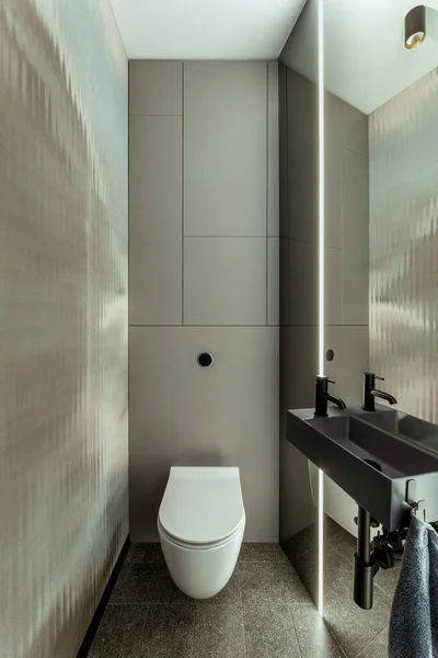 Minimalistic Composition Bathroom Interior White Toilet Seat Gray Tiles Big — Foto de Stock