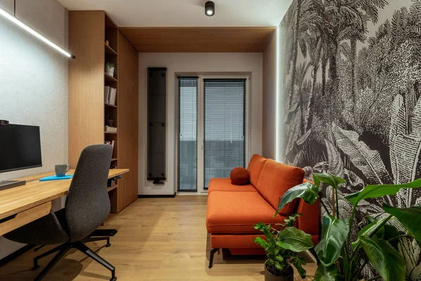 Creative Composition Office Interior Stylish Orange Sofa Wooden Desk Simple — Fotografia de Stock