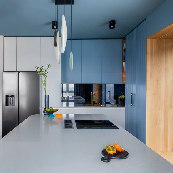 Creative Composition Kitchen Interior Marble Kitchen Island Blue Kitchen Furnitures — Stok Foto