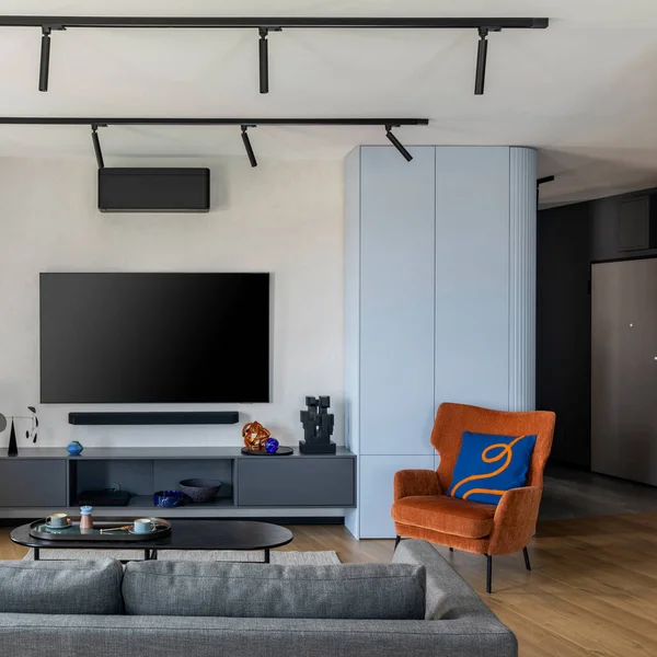 Interior Design Living Room Interior Big Gray Sofa Orange Armchair — Φωτογραφία Αρχείου