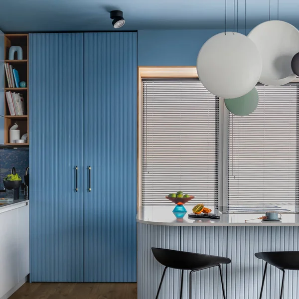 Creative Composition Kitchen Interior Marble Kitchen Island Blue Kitchen Furnitures — Stock Fotó