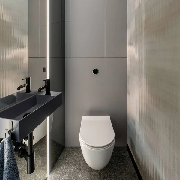 Minimalistic Composition Bathroom Interior White Toilet Seat Gray Tiles Big — Zdjęcie stockowe