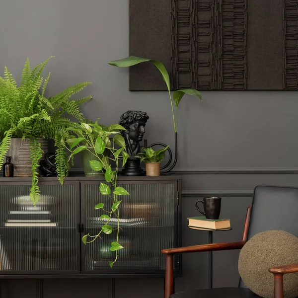 Aesthetic Interior Living Room Mock Poster Frame Glass Sideboard Plants — Stok fotoğraf