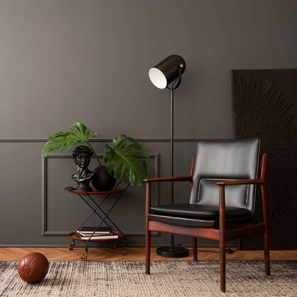 Oturma Odasının Minimalist Kompozisyonu Fotokopi Alanı Deri Koltuk Siyah Lamba — Stok fotoğraf