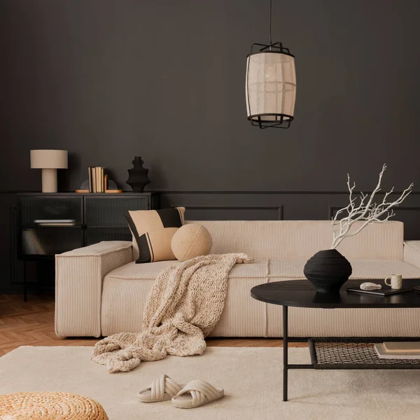Asthetic Composition Living Room Interior Modular Sofa Black Coffee Table — Stock fotografie