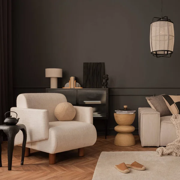 Living Room Interior White Armchair Beige Modular Sofa Black Coffee — Zdjęcie stockowe
