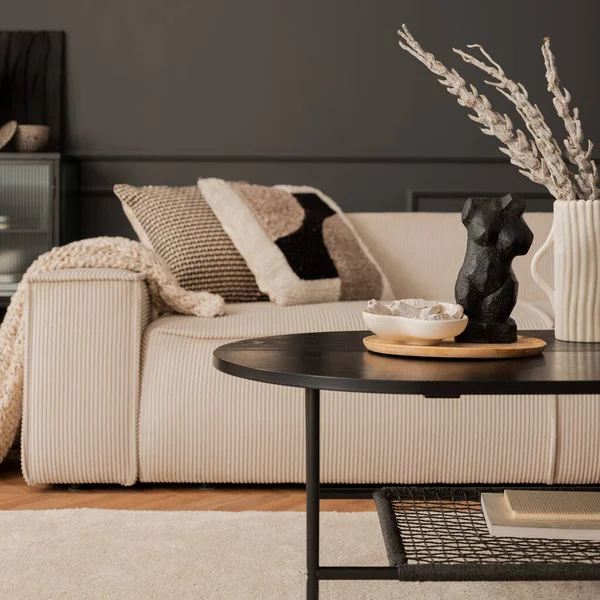 Living Room Interior Beige Modular Sofa Black Coffee Table Rug — Zdjęcie stockowe