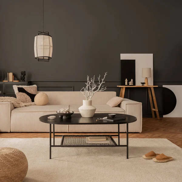 Elegant Living Room Interior Mock Poster Frame Modular Sofa Black — Zdjęcie stockowe