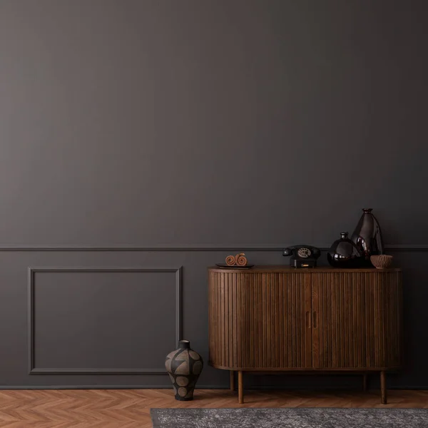 コピースペース スタッコ付きの暗い壁 木製のサイドボード 寄木細工の床 ラグや個人的なアクセサリーとリビングルームのインテリアの最小限の組成 家の装飾だ テンプレート — ストック写真