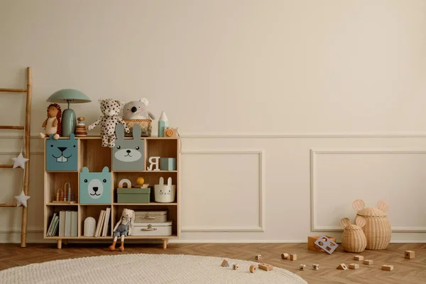 Interior Desain Interior Ruang Anak Dengan Salinan Ruang Kayu Sideboard — Stok Foto