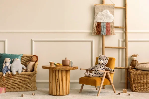 Warm Cozy Kids Room Interior Wooden Table Velvet Orange Armchair — Stock Photo, Image