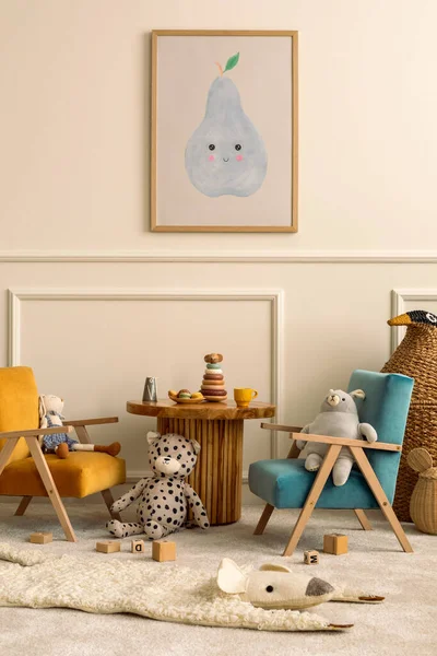 Desain Interior Ruang Anak Anak Dengan Kerangka Poster Tiruan Meja — Stok Foto