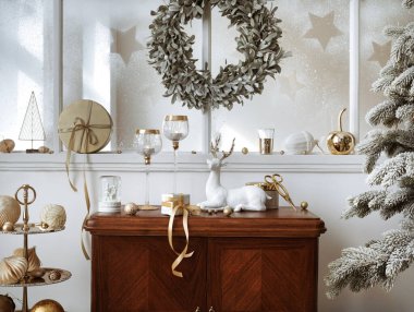 Noel kompozisyonu oturma odasındaki eski rafta güzel dekorasyon, büyük pencere, Noel ağacı, mumlar, yıldızlar, hediyeler, ışık ve zarif aksesuarlarla. Şablon.