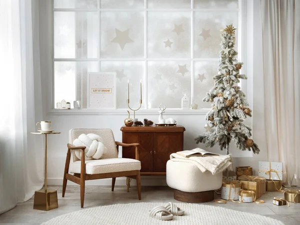 Incroyable Confortable Salon Noël Intérieur Avec Étagère Fauteuil Boucle Pouf — Photo