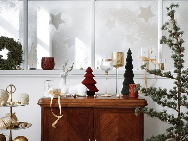 Komposisi Natal Rak Antik Ruang Tamu Interior Dengan Dekorasi Yang — Stok Foto
