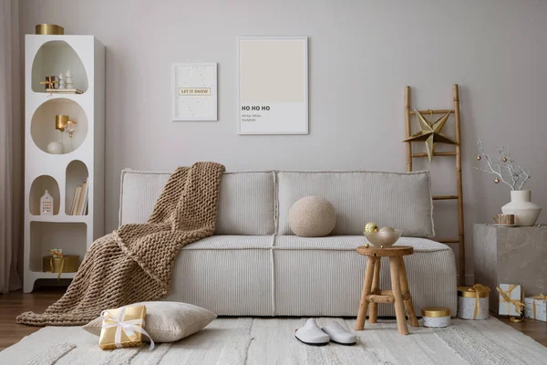 Domestic Cozy Christmas Living Room Interior Corduroy Sofa White Shelf — Stock Photo, Image