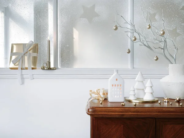美しい装飾 大きな窓 クリスマスブランチ キャンドル ギフト 光とエレガントなアクセサリーとリビングルームのインテリアのヴィンテージ棚の上のクリスマスの組成 テンプレート ストックフォト