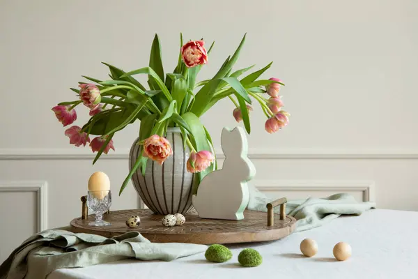 Interior Design Easter Dining Room Colorful Easter Eggs Easter Bunny — Stok Foto