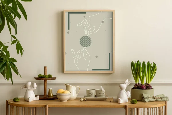 Interior Design Easter Living Room Mock Poster Frame Wooden Sideboard — Stok Foto