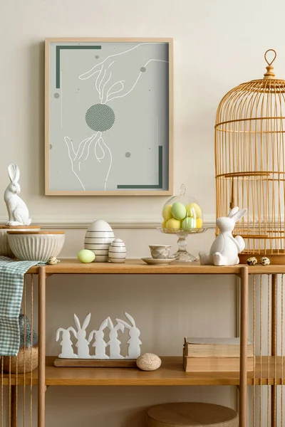 Cozy Composition Easter Living Room Interior Mock Poster Frame Wooden — Stok fotoğraf