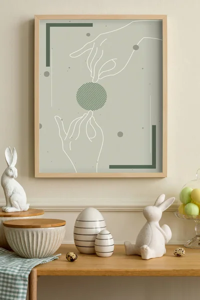 Komposisi Minimalis Interior Ruang Tamu Easter Dengan Bingkai Poster Tiruan — Stok Foto