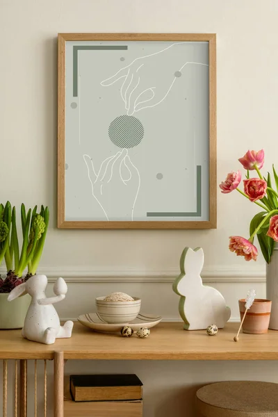 Komposisi Yang Hangat Interior Ruang Tamu Easter Dengan Bingkai Poster — Stok Foto