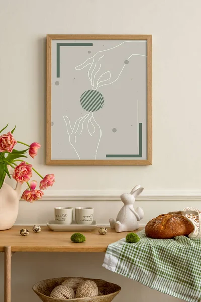 Warm Composition Easter Living Room Interior Mock Poster Frame Wooden — Stok Foto