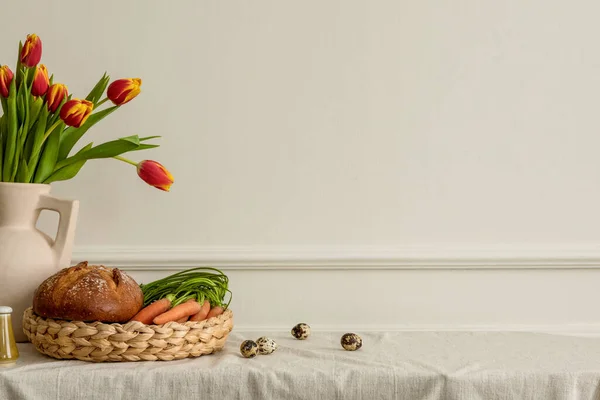 Minimal Spring Composition Easter Living Room Interior Copy Space Beige — Stok Foto