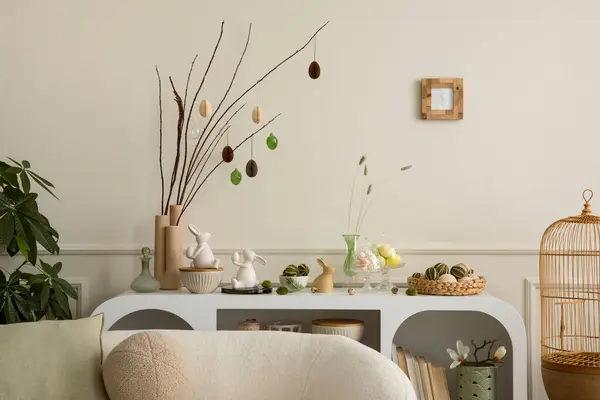 Interior Design Easter Living Room Interior Stylish White Sideboard Branch — Stok Foto