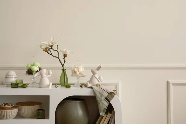 Minimalist Composition Easter Living Room Interior Copy Space Easter Bunny — Stok fotoğraf