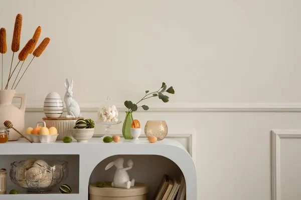 Minimalist Composition Easter Living Room Interior Copy Space Easter Bunny — Foto de Stock