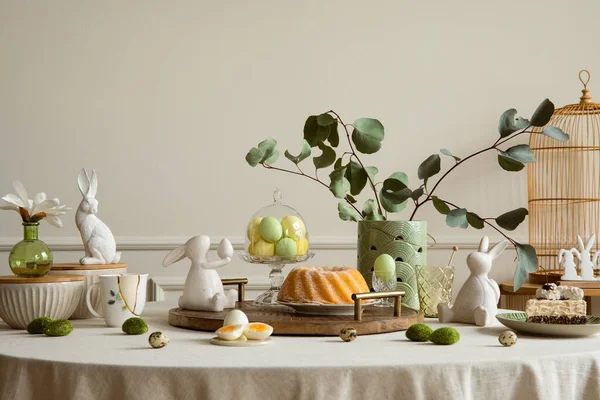 Warm Cozy Composition Easter Dining Room Interior Table Cake Hare ストック画像