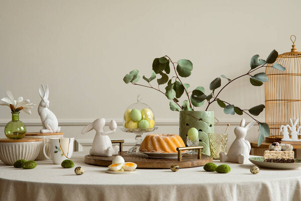 Warm Cozy Composition Easter Dining Room Interior Table Cake Hare Royalty Free Stock Images