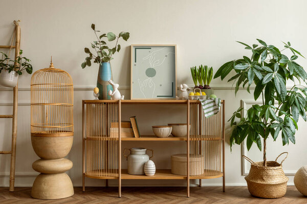 Creative Composition Spring Easter Living Room Interior Mock Poster Frame Royalty Free Stock Images