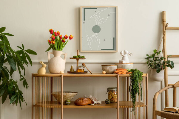 Warm Cozy Composition Easter Living Room Interior Mock Poster Frame Stock Picture