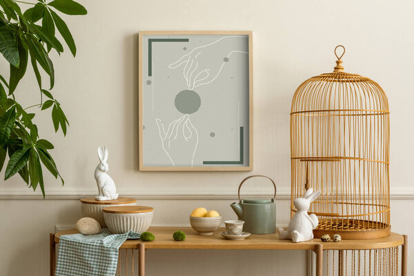 Cozy Composition Easter Living Room Interior Mock Poster Frame Wooden Stock Photo