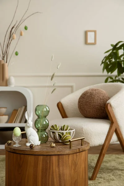 Aesthetic Composition Easter Living Room Interior Boucle Armchair Pillow Vase Stockbild
