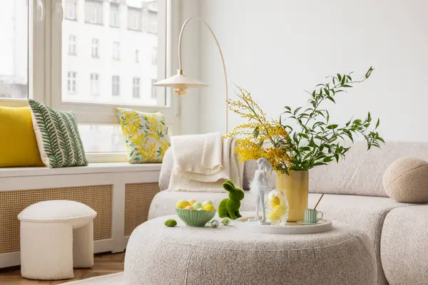 Interior Design Spring Living Room Design Sofa Furniture Vase Tulips Stock Photo