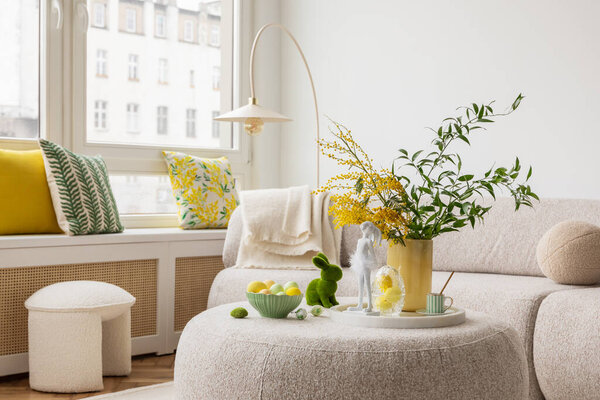 Interior Design Spring Living Room Design Sofa Furniture Vase Tulips Stock Picture