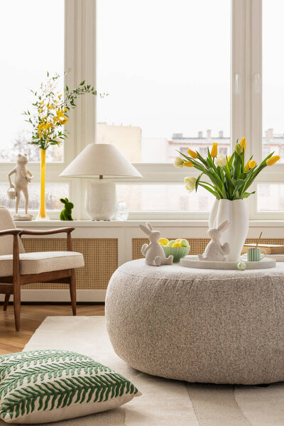 Interior Design Spring Living Room Design Sofa Furniture Vase Tulips Stock Image