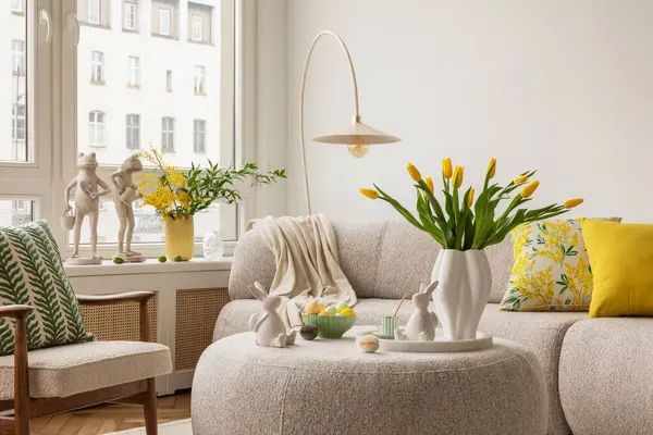 Interior Design Spring Living Room Design Sofa Furniture Vase Tulips Stock Photo