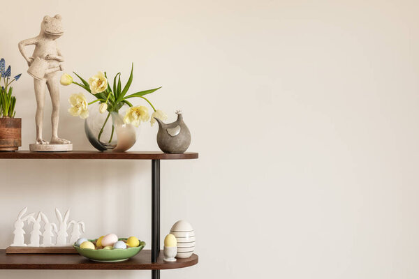Easter Compositions Stylish Living Room Space Wooden Shelf Beautiful Decorations Royalty Free Stock Photos