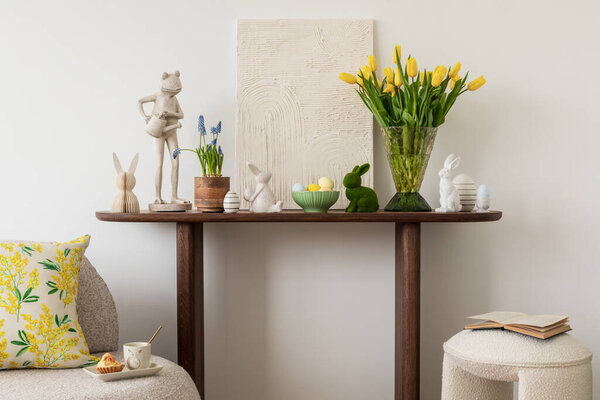 Spring Easter Composition Living Room Interior Mock Poster Frame Pouf Stock Image