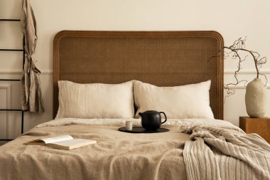 Yatak odasının yaratıcı kompozisyonu rahat yatak odası, bej yatak, ekose, sürahi ve fincanlı eser, dallı kahve masası, siyah merdiven ve kişisel aksesuarlarla. Ev dekoru. Şablon.