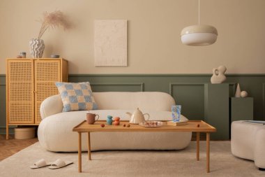 Oturma odasının iç tasarımı poster çerçevesi, Boucle kanepesi, ahşap sehpa, beyaz puf, rattan büfesi, bej halı, terlik ve kişisel aksesuarlar. Ev dekoru. Şablon.