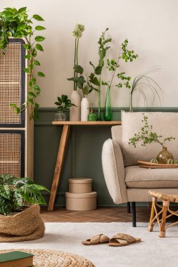 Bej kanepe, halı, ahşap konsol, tahta büfe, saksıda bitkiler, yapraklı vazolar ve kişisel aksesuarlarla botanik oturma odasının yaratıcı bileşimi. Ev dekoru. Şablon.